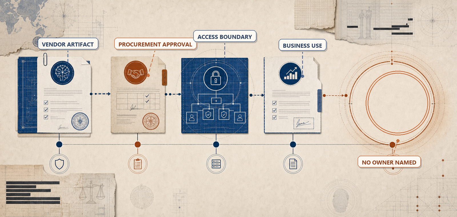 Editorial governance illustration showing an AI deployment chain ending in an unclaimed business outcome.
