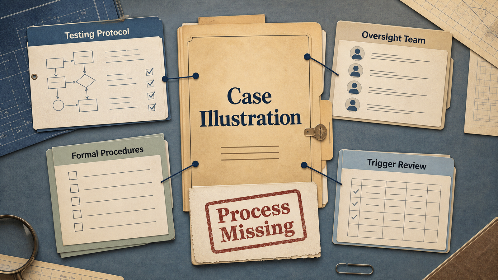 Editorial evidence illustration showing testing protocols, oversight team, formal procedures, trigger review, and a missing process finding.