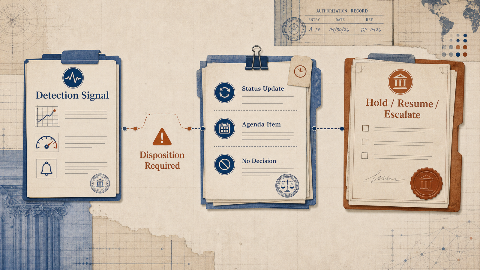 Editorial governance illustration showing a detection signal becoming status updates and agenda items until a formal disposition decision is required.