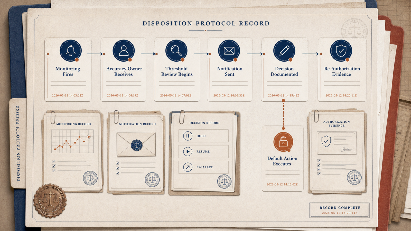 Editorial governance illustration showing an examiner-ready disposition record from monitoring signal through notification, documented decision, and re-authorization evidence.