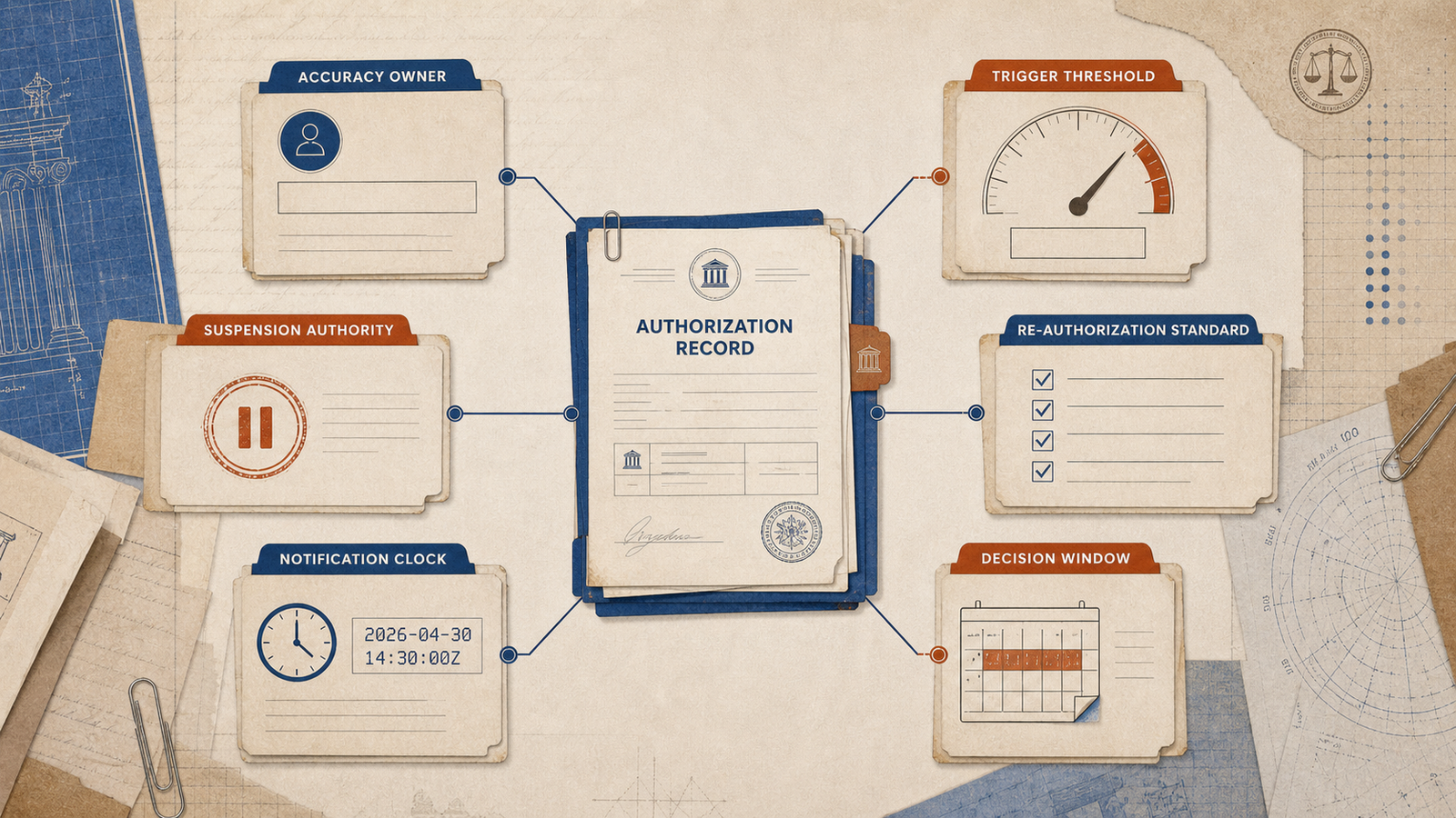 Editorial governance map showing the six Disposition Protocol requirements attached to one authorization record.