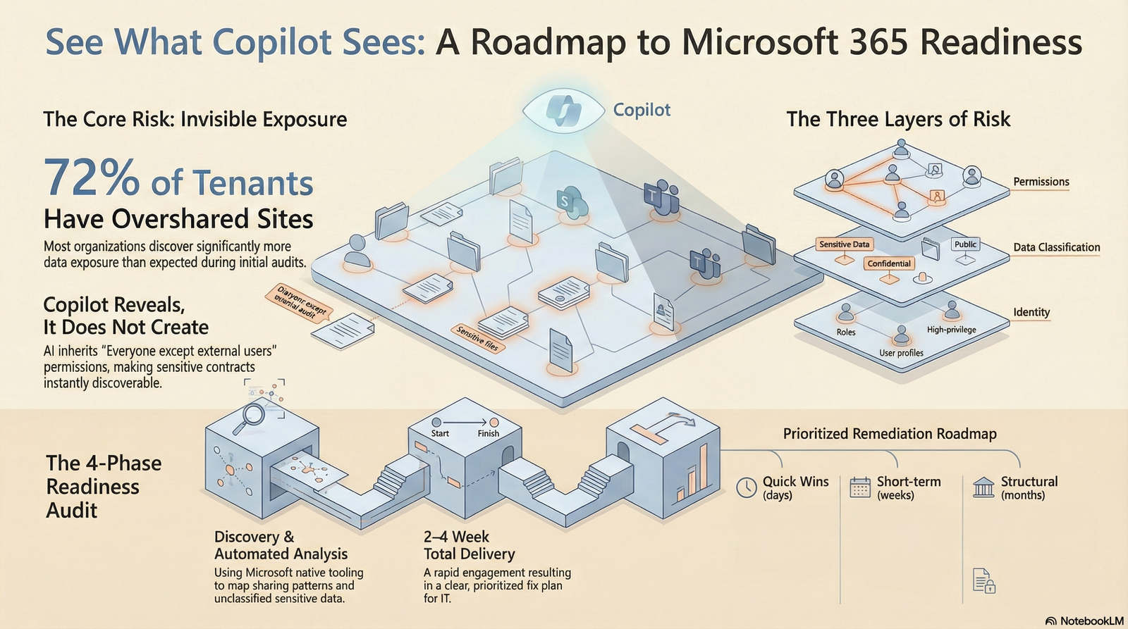 Enterprise IT administrator reviewing SharePoint permissions dashboard in Microsoft Purview